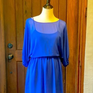 Beautiful royal blue sheer dress with slip dress, elastic waist & quarter sleeve